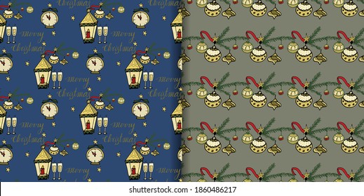 Christmas seamless patterns with doodles representing the Christmas holiday for fancy prints, cards, invitations and more.
