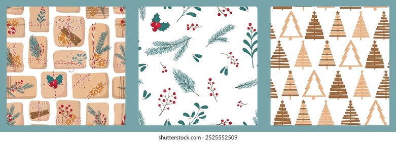 Christmas seamless Patterns in eco friendly style. Gift in craft paper with organic Decorations, handmade wooden Christmas Tree, branches and Berries Background. Cute modern natural pattern set