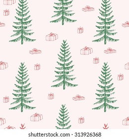Christmas seamless patterns with a fir tree and gifts