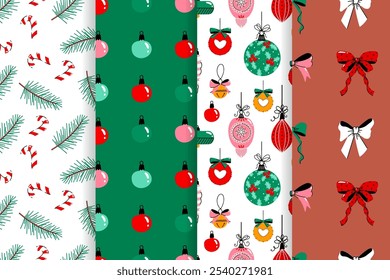 Christmas seamless patterns with flowers, winter greenery, christmas ornaments, bows, candy cane.