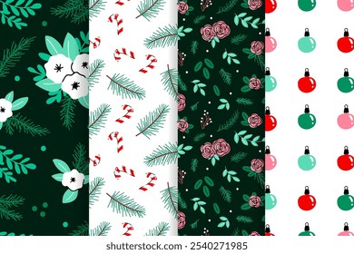 Christmas seamless patterns with flowers, winter greenery, christmas ornaments, bows, candy cane.