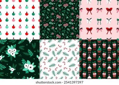 Christmas seamless patterns with flowers, winter greenery, christmas ornaments, bows, candy cane.