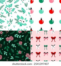 Christmas seamless patterns with flowers, winter greenery, christmas ornaments, bows, candy cane.