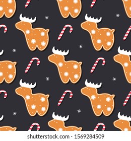 Christmas seamless patterns with gingerbread cookies. Winter repeat print  for design, wallpapers, fabrics and wrapping paper