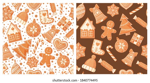 Christmas seamless patterns with gingerbread cookies. Design for Christmas and New Year decoration, wrapping paper, print, fabric or textile. Vector illustration.