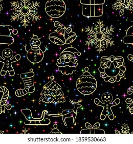 Christmas Seamless Patterns, Golden Cartoon Signs for Holiday Design on Tile Black Background with Stars. Vector