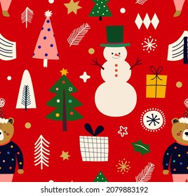 Christmas seamless patterns with holiday symbols and elements. Christmas and New Year vector background