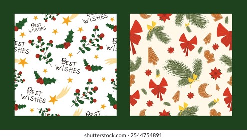 Christmas seamless patterns with holly berries, pine branches, festive bows, gingerbread cookies, stars and "Best Wishes". Cute pattern set in festive Christmas flat style. For prints, decor elements.