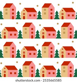 Navidades patrones sin fisuras con casas y pinos sobre fondo blanco. Plantilla para el diseño de las vacaciones de invierno. Ilustración vectorial