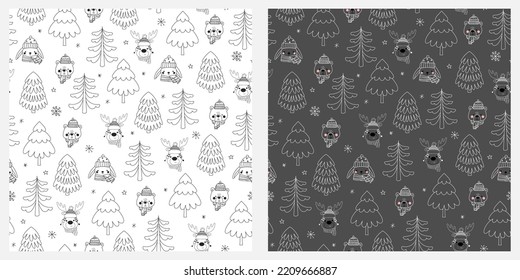 Los patrones navideños sin costura con lindos animales en ropa de invierno en el bosque. Fondo negro y blanco en vector. Se puede utilizar para el embalaje de tela de papel para la reserva de rayas.
