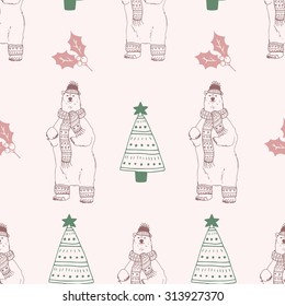 Christmas seamless patterns with a polar bear, a Christmas tree and holly sprig
