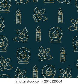Christmas seamless patterns, prints with gold elements. Vector patterns. Golden objects on a dark background.