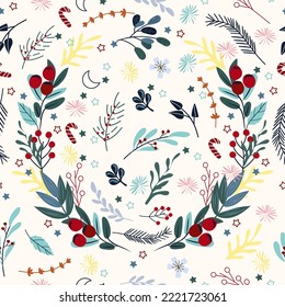 Christmas seamless patterns with red berries, colorful leaves around, stars. Bright winter pattern can be used as textile, fabric, wallpaper, banner and other. Vector.