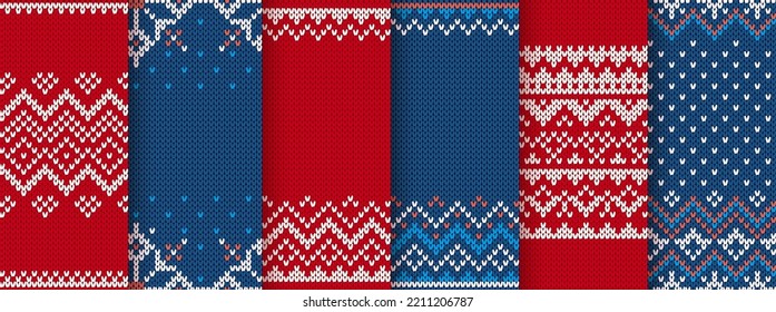 Christmas seamless patterns red and blue. Knitted sweater texture. Set Xmas winter background. Knit prints. Holiday fair isle traditional ornament. Wool pullover. Vector illustration