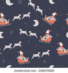 Christmas seamless patterns with Santa Claus, deer and sleigh with presents. Holiday design for fabrics, gift boxes, wrapping paper.