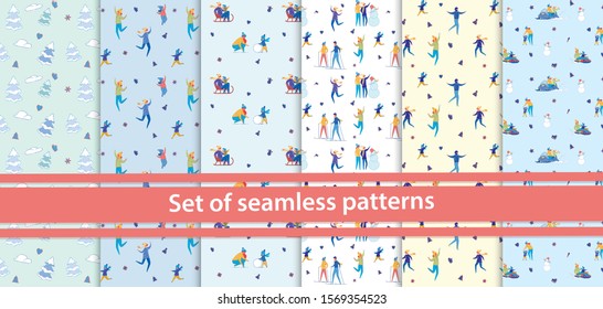 Christmas Seamless Patterns Set with Characters.