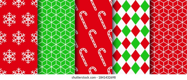 Christmas seamless patterns set. Festive seamless background with xmas and geometric fabric ornament. Five holiday wrapping paper swatches. New year textures. Vector