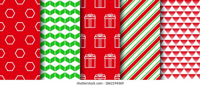 Christmas seamless patterns set. Festive seamless with xmas, candycane stripes and geometric fabric ornament. Five holiday wrapping paper swatches. New year textures. Vector