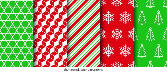 Christmas seamless patterns set. Five holiday wrapping paper swatches. Xmas textures. Festive seamless with new year, candycane stripes and geometric fabric ornament. Vector