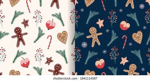 Christmas seamless patterns set with gingerbread and Christmas traditional cookies, winter design