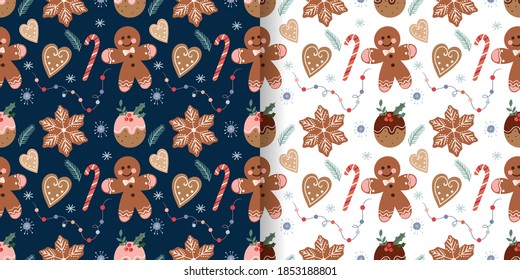 Christmas seamless patterns set with gingerbread, Christmas traditional cookies and candies, seasonal winter design