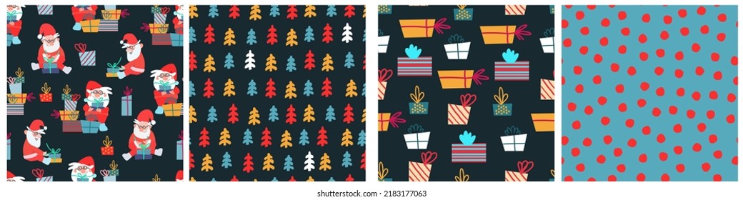 Christmas seamless patterns set. Hand drawn Santas with gifts. Christmas concept, New Year Party concept, winter holidays concept. For gift wrapping paper and other design projects
