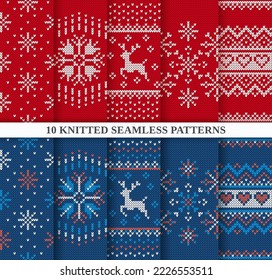 Christmas seamless patterns set. Knitted sweater textures red and blue collection. Holiday fair isle traditional ornament. Xmas winter background. Knit prints. Wool pullover. Vector illustration