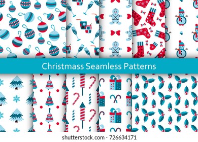 Christmas seamless patterns set with many winter doodle toys. Vector illustration.
