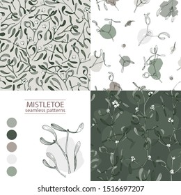 Christmas seamless patterns set with mistletoe plant and brush strokes hand drawn botany illustration