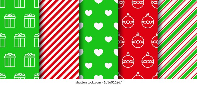 Christmas seamless patterns set. New year green and red textures. Festive seamless background with xmas, stripes and geometric fabric ornament. Holiday wrapping paper. Vector