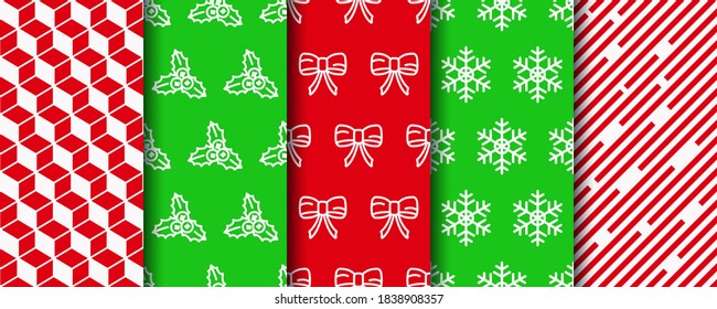 Christmas seamless patterns set. New year green and red textures. Festive seamless background with xmas, stripes and geometric wrapping paper. Holiday fabric ornament. Vector