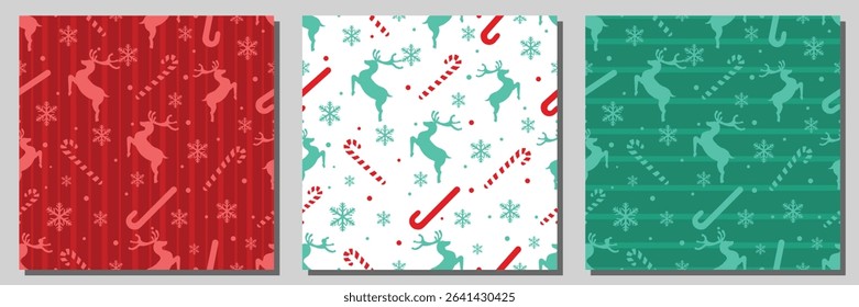 Christmas Seamless Patterns Set. Christmas and New year Holiday Repeatable Pattern. Decorative Elements Texture for Wallpaper, Gift Wrapping paper, Card or Banner Template or Fabric Textile Prints.