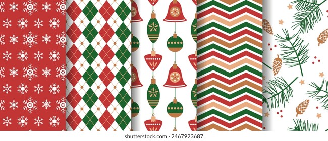 Christmas seamless patterns set. Pine branches and cones, Christmas tree, snowflakes, zigzag and Christmas tree toys. Festive wallpaper and wrapping paper design. vector digital illustration.