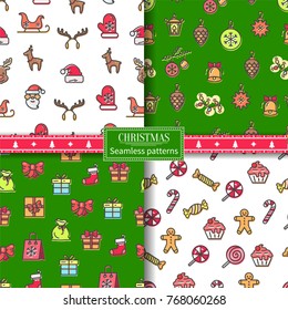 Christmas seamless patterns, set of posters of white and green colors with icons of Santa and reindeer, bell and present vector illustration