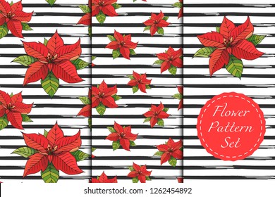 Christmas seamless patterns set with red poinsettia flower on black brush strokes. Modern fashion textures. Vector illustration.