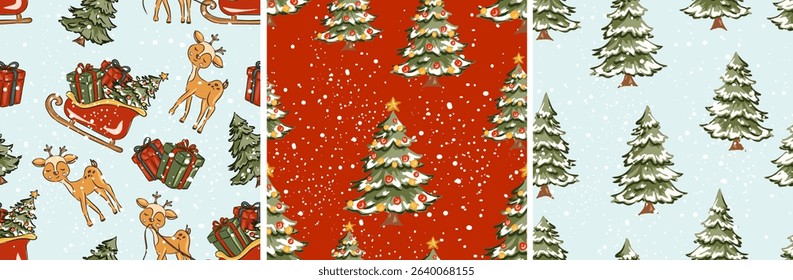 Christmas seamless patterns set with reindeer sleigh gifts and snowy trees vector illustration
