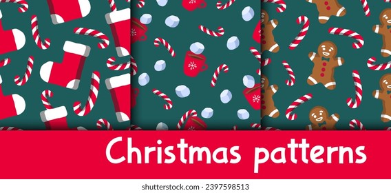 Patrones de Navidad sin fisuras con medias de Santa, bastones a rayas, hombre de pan de jengibre y tazas de chocolate caliente sobre un fondo verde. Pequeños antecedentes navideños al estilo de las caricaturas dibujadas a mano.