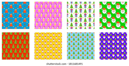 Christmas seamless patterns set. Vector collection for card and banners. Congratulatory decoration for new year and Xmas for holiday card, booklet, brochure and website. Flat cartoon illustration.