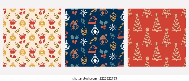 Fiesta de patrones de Navidad sin foco. Vacaciones de invierno Fondo decorativo repetitivo con adorables elementos de doodle. Ilustración vectorial de estilo vintage para papel envoltorio, tarjeta de saludo, embalaje, impresión de tela
