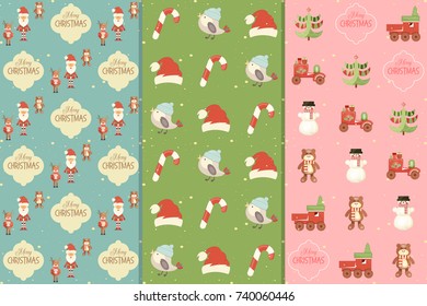 Christmas Seamless Patterns Set - Winter Holidays Papers. Retro Style. Vector Illustration.