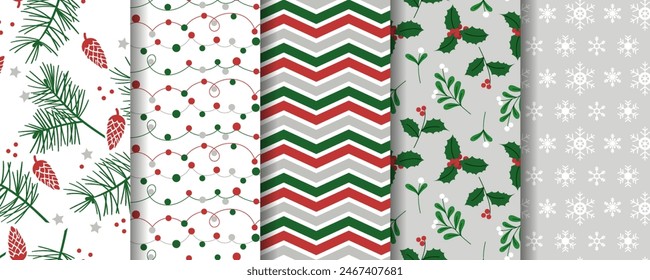 Christmas seamless patterns set.Pine branches and cones, snowflakes, zigzag and plant pattern with holly leaves and mistletoe.Holiday wallpaper and wrapping paper design. vector illustration.