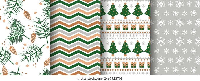 Christmas seamless patterns set.Pine branches and cones, Christmas tree, snowflakes and zigzag.Holiday wallpaper and wrapping paper design. vector digital illustration