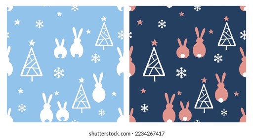 Christmas seamless patterns with snowflakes, pine trees, stars and rabbit cartoons on blue backgrounds vector illustration. 