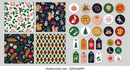 Christmas Seamless Patterns, Stickers And Gift Tags Set With Handdrawn Colorful Elements. Vector Illustration.