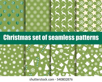 Christmas seamless patterns. Christmas trees, snowflakes and toys. Vector illustration