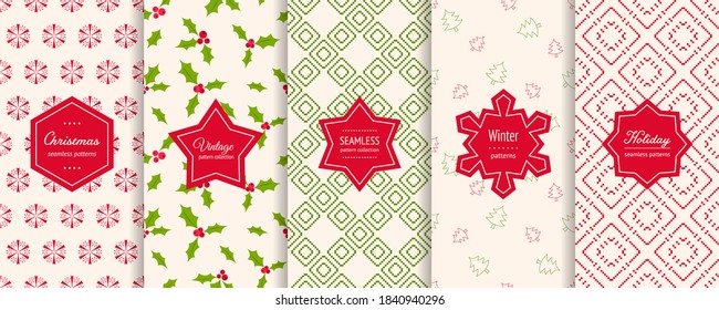 Christmas seamless patterns. Vector set of winter holiday background swatches with modern labels, stickers. Abstract textures with snowflakes, pine trees, mistletoe, nordic ornaments. Repeat design