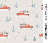 Christmas seamless patterns with winter scene, holiday trucks, gifts, fir trees. Holiday design for fabrics, gift boxes, wrapping paper.