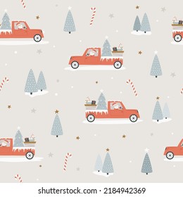 Christmas seamless patterns with winter scene, holiday trucks, gifts, fir trees. Holiday design for fabrics, gift boxes, wrapping paper.