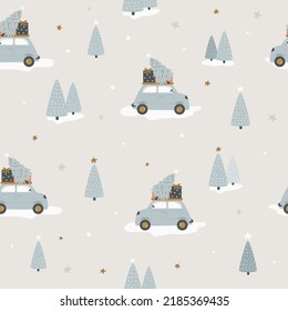 Christmas seamless patterns with winter scene, retro car, gifts, fir trees. Holiday design for fabrics, gift boxes, wrapping paper.