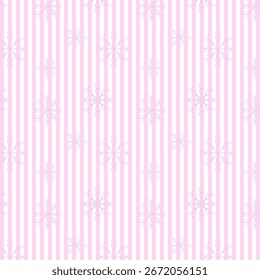 Christmas seamless pattern.Vertical pink and white stripes with white snowflakes repeat pattern.Vector graphic illustration winter, new year background wallpaper for fabric, paper and prints.
